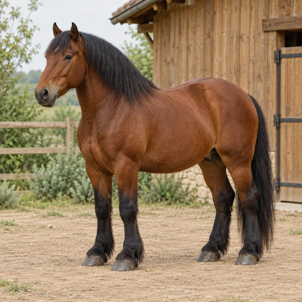 Un cavallo da tiro baio con criniera, coda e parte inferiore degli arti nere, interamente visibile davanti a una scuderia in legno.