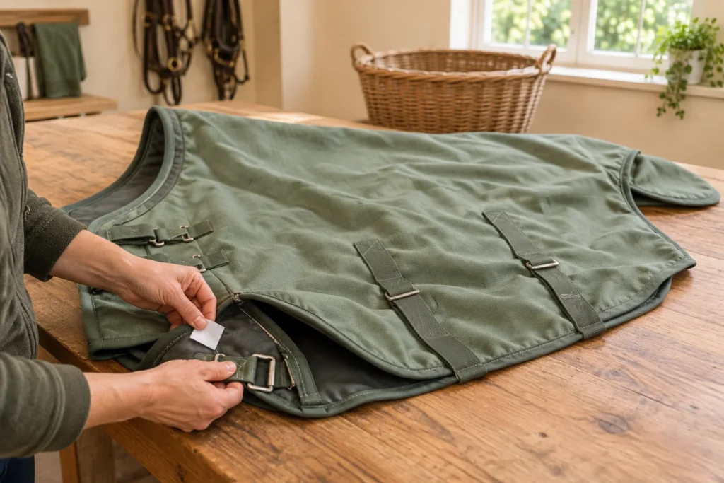 Mani che tengono un’etichetta senza scritte e una chiusura accanto a una coperta verde per cavalli su un tavolo di legno.
