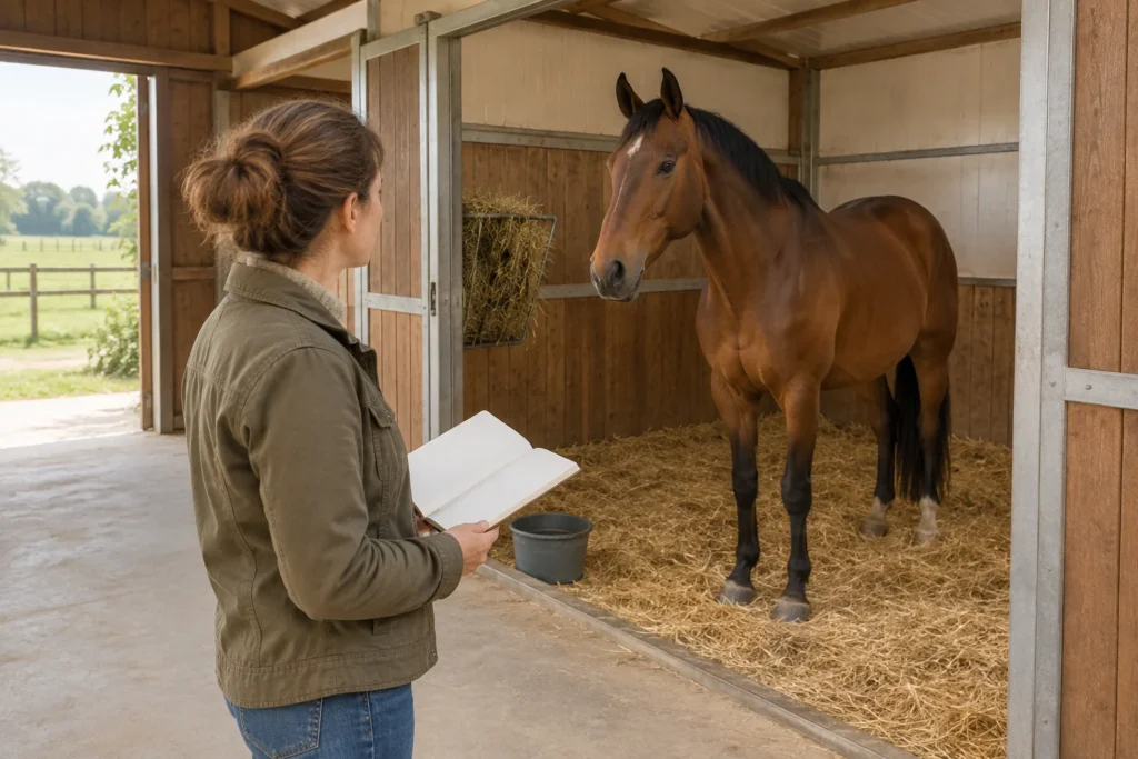 Un visitatore con un taccuino vuoto guarda un cavallo marrone in un box con paglia, fieno e un secchio d'acqua.