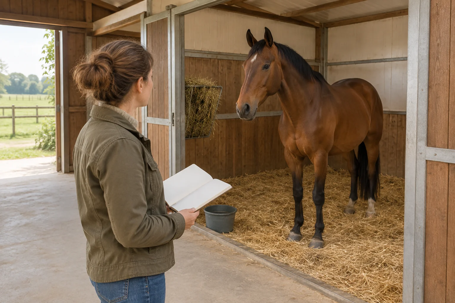 Un visitatore con un taccuino vuoto guarda un cavallo marrone in un box con paglia, fieno e un secchio d'acqua.