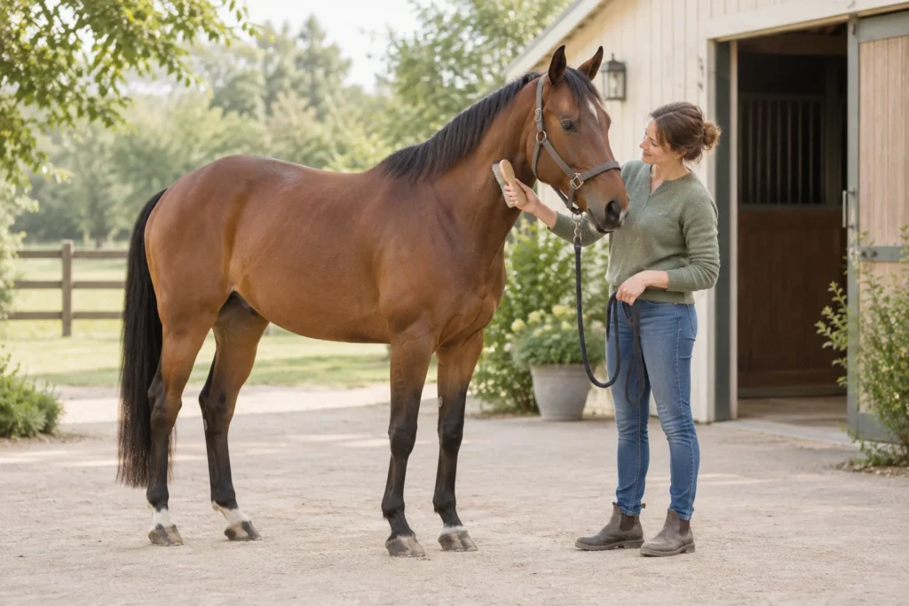 Una persona spazzola il collo di un cavallo marrone in un cortile vicino a una stalla aperta.