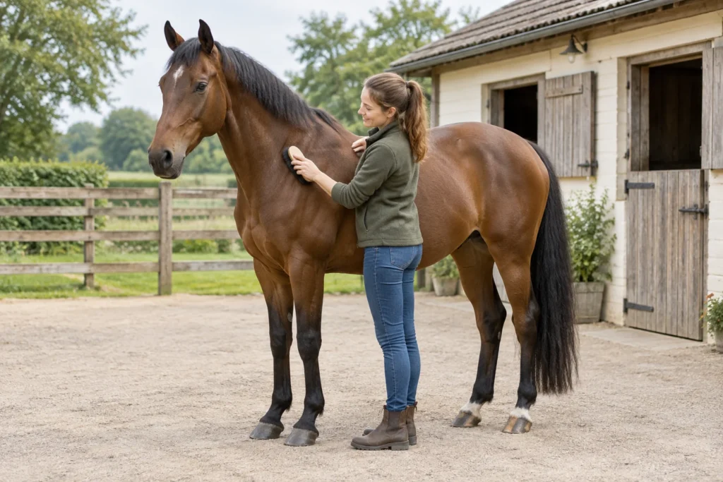Una donna spazzola un cavallo marrone in un cortile accanto a una scuderia.