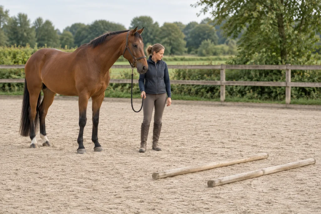 Una persona accompagna un cavallo marrone accanto a due barre di legno a terra in un campo di lavoro.