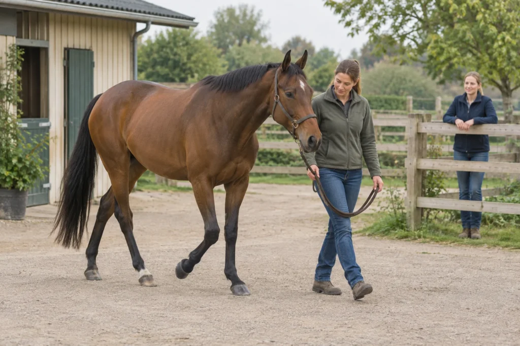 Un cavallo marrone cammina con la capezza accanto a una persona che lo conduce attraverso un cortile, mentre qualcuno osserva vicino a una recinzione di legno.