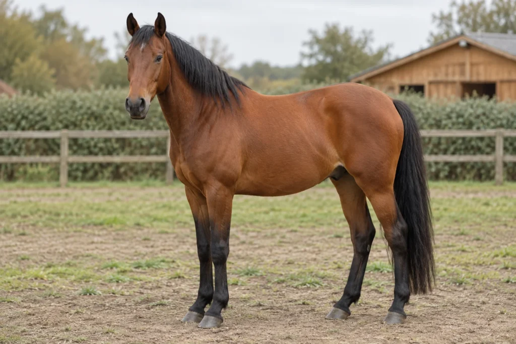 Cavallo baio con criniera nera, coda nera e parte inferiore degli arti scura in un paddock, con tutti e quattro gli zoccoli visibili.