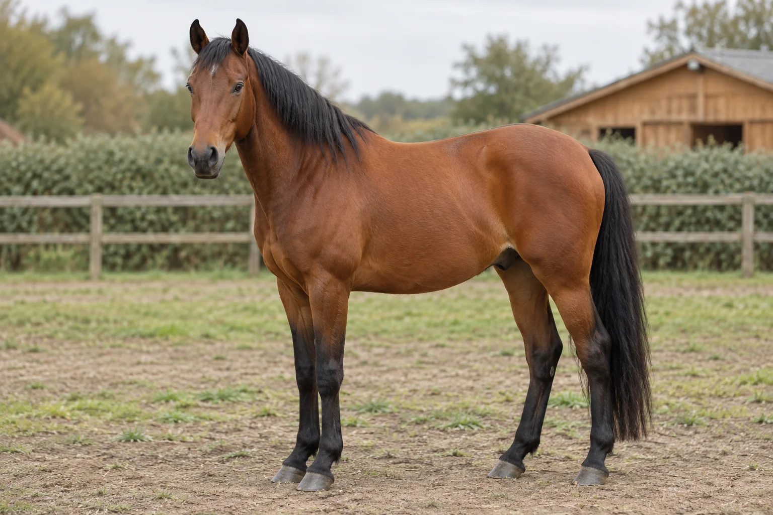 Cavallo baio con criniera nera, coda nera e parte inferiore degli arti scura in un paddock, con tutti e quattro gli zoccoli visibili.