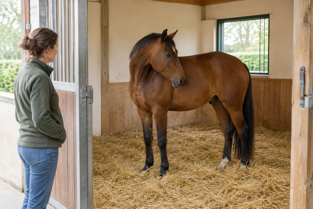 Un cavallo marrone sta sulla paglia in una stalla e guarda verso il proprio fianco, mentre una persona che se ne prende cura osserva dalla porta.