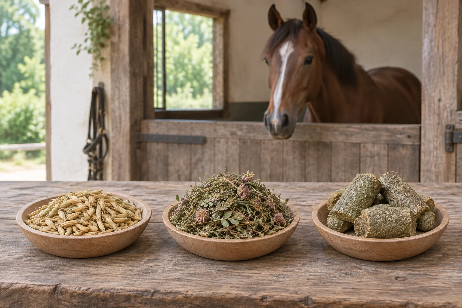 Tre ciotole di legno con chicchi di cereali, steli di piante essiccati e pezzi di mangime pressato su un tavolo di legno. Sullo sfondo, un cavallo marrone in una stalla.