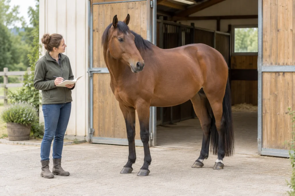 Un cavallo marrone si trova accanto a una stalla aperta mentre una persona con un taccuino lo osserva.