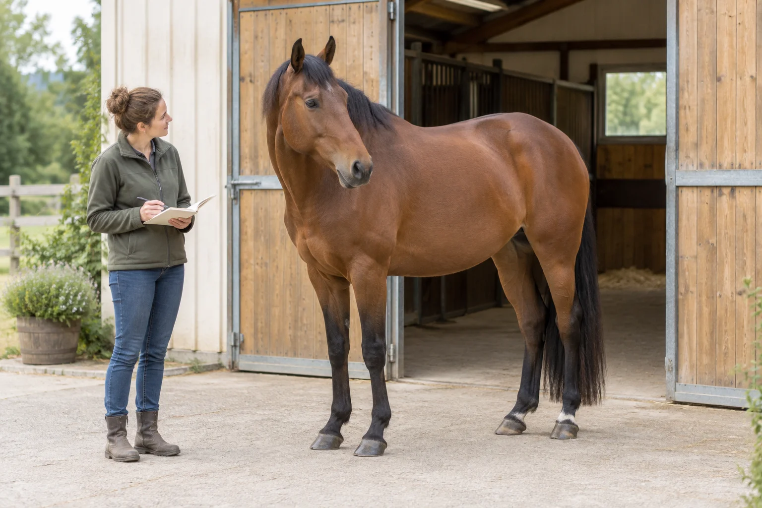 Un cavallo marrone si trova accanto a una stalla aperta mentre una persona con un taccuino lo osserva.