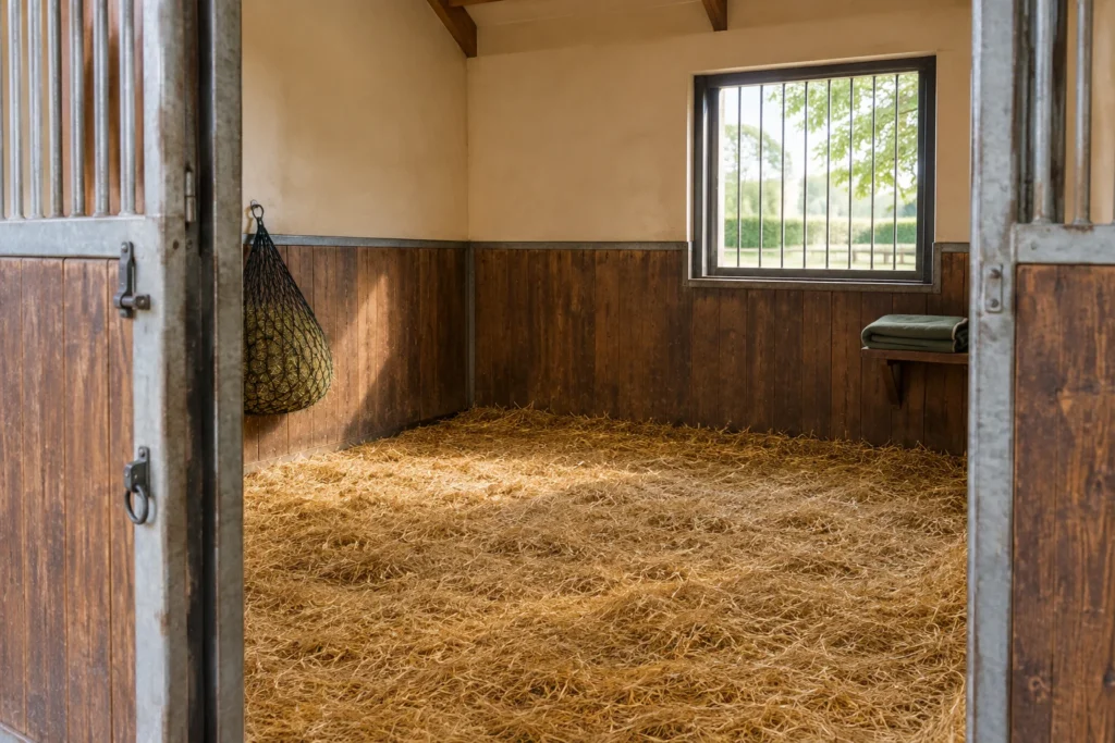 Box vuoto per cavalli con paglia, una rete per il fieno e una finestra.