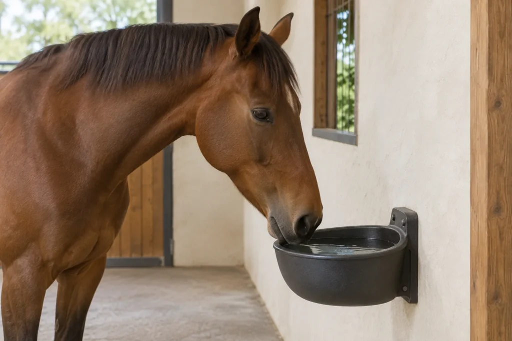 Cavallo marrone con il muso vicino a un abbeveratoio pieno d'acqua fissato alla parete della scuderia.