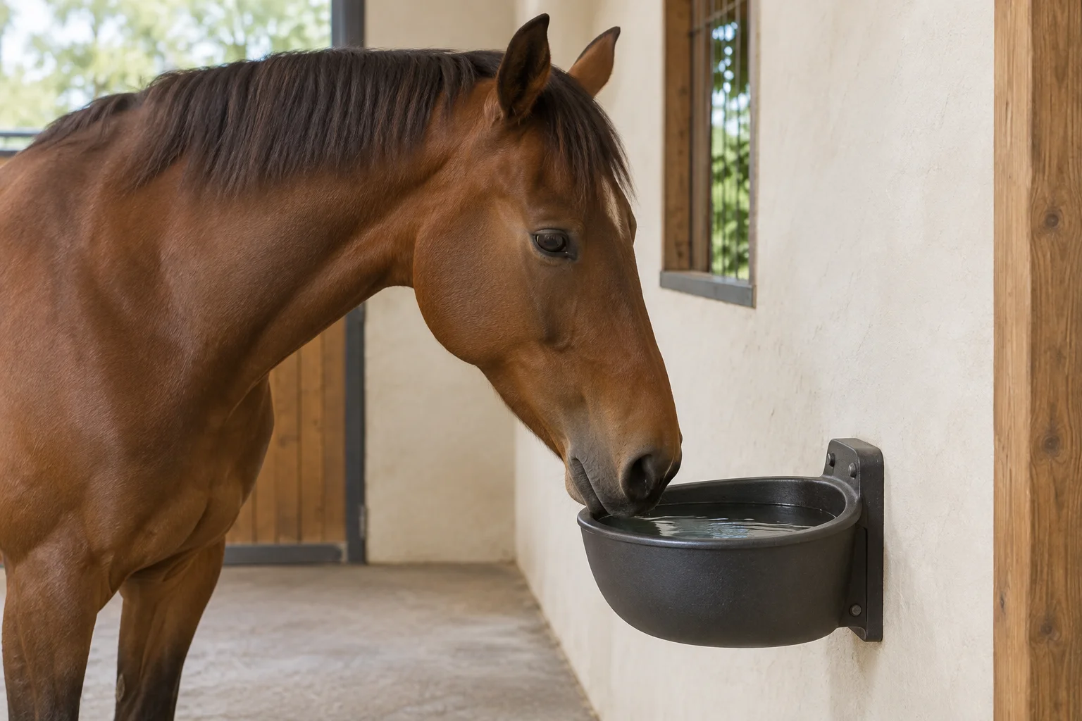 Cavallo marrone con il muso vicino a un abbeveratoio pieno d'acqua fissato alla parete della scuderia.