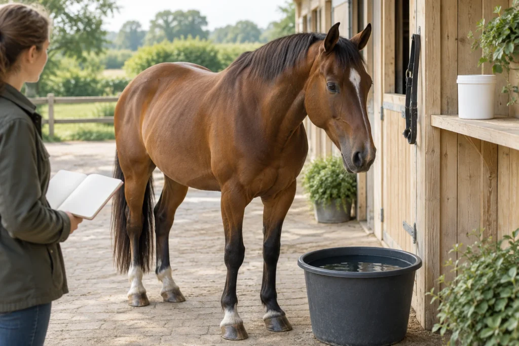 Un cavallo baio è accanto a un secchio d'acqua, mentre una persona che se ne prende cura osserva con un quaderno aperto.