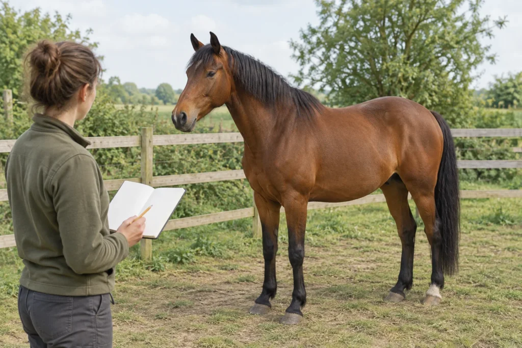 Un cavallo marrone si trova in un paddock recintato mentre una persona con un quaderno vuoto lo osserva.