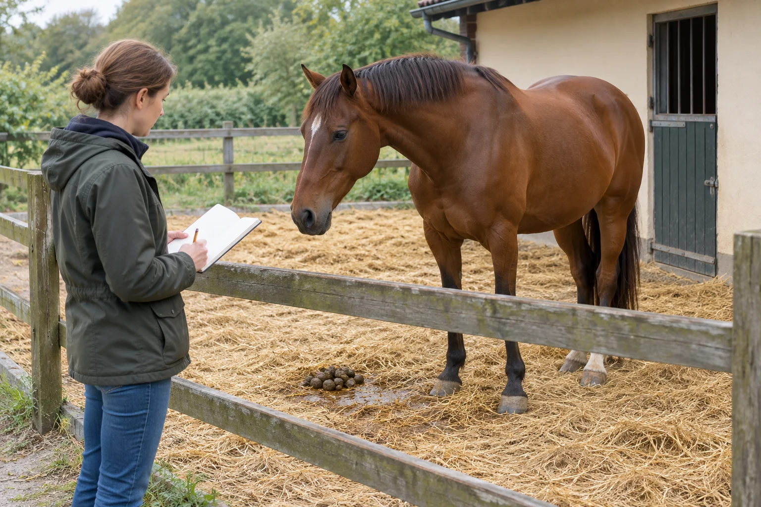 Un cavallo marrone è vicino a una recinzione di legno. Una donna tiene in mano un taccuino aperto; sulla paglia ci sono feci formate accanto a una zona bagnata.