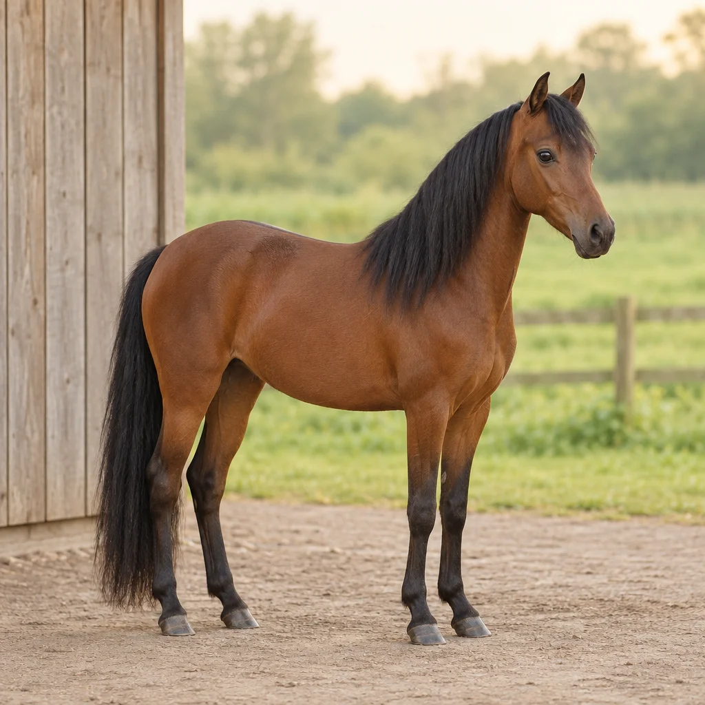 Piccolo cavallo marrone con criniera e coda nere, visibile per intero accanto a una stalla in legno, con un prato verde sullo sfondo.