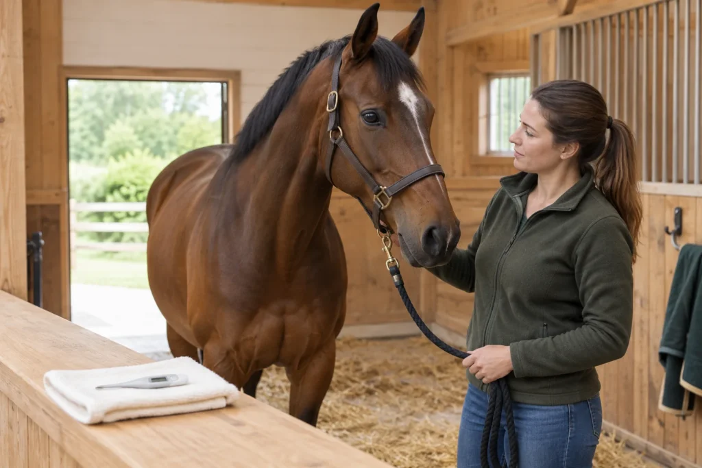 Un cavallo marrone sta tranquillo accanto a una persona che se ne prende cura in una stalla di legno. Un termometro digitale è appoggiato su un panno piegato.