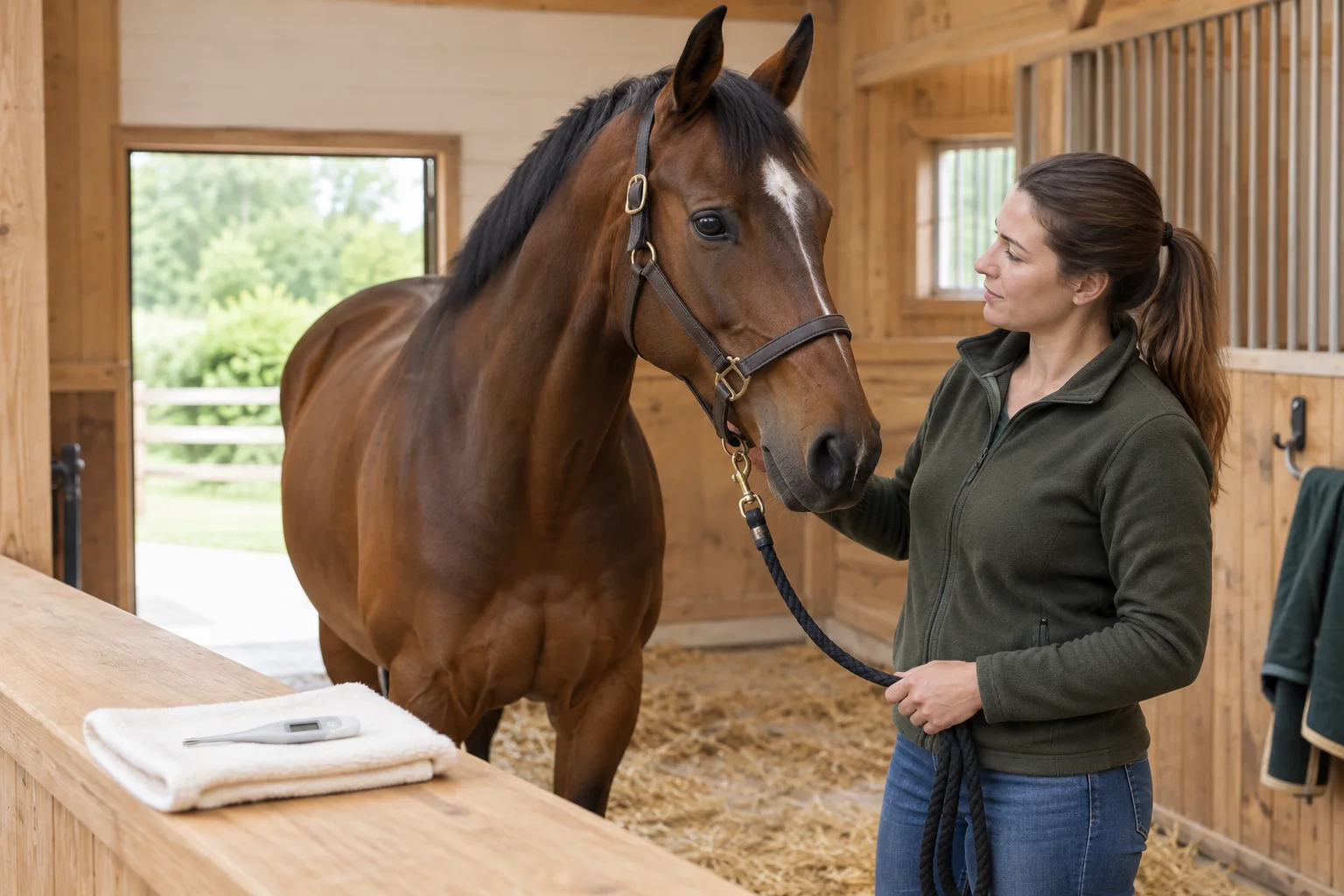Un cavallo marrone sta tranquillo accanto a una persona che se ne prende cura in una stalla di legno. Un termometro digitale è appoggiato su un panno piegato.