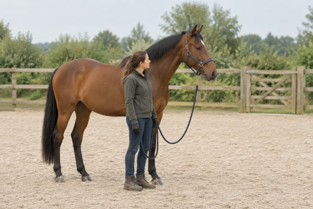 Un cavallo marrone con la capezza sta accanto a una persona che tiene una lunghina non tesa, in un campo di sabbia recintato.