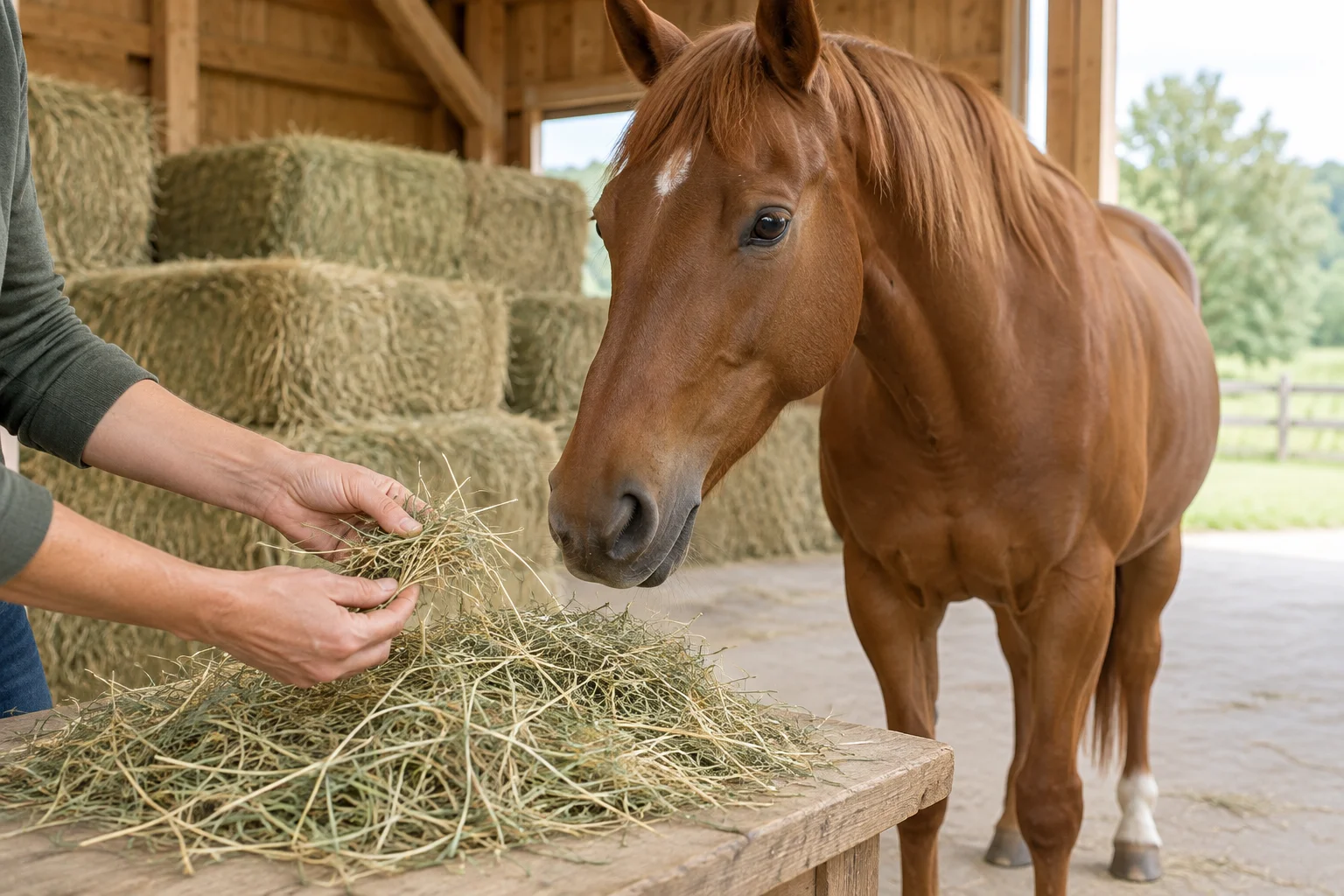 Delle mani tengono un ciuffo di fieno sopra un tavolo di legno accanto a un cavallo marrone. Sullo sfondo ci sono balle di fieno in un fienile.