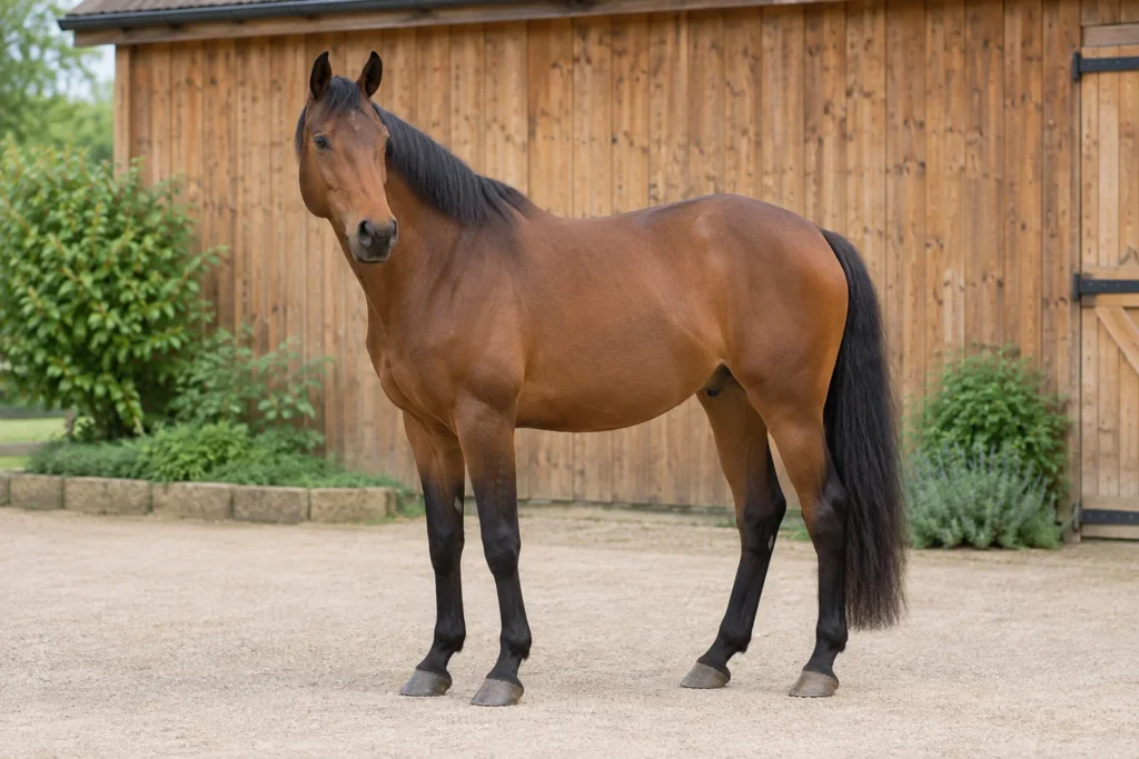 Illustrazione di un cavallo marrone davanti a una stalla in legno.