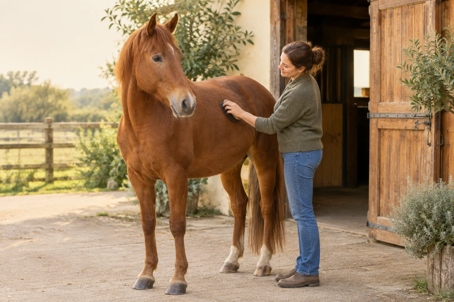 Un cavallo sauro è accanto a una stalla in legno mentre una donna gli spazzola la spalla.