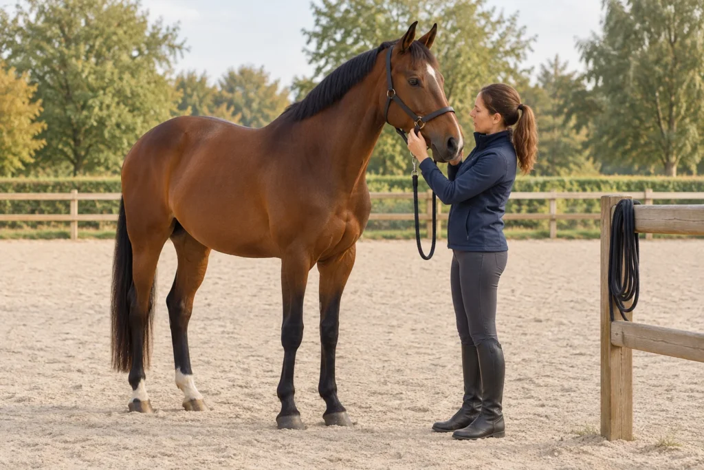 Una donna controlla la capezza di un cavallo marrone in un campo di lavoro recintato. Una corda da lavoro alla corda arrotolata è appoggiata alla recinzione.