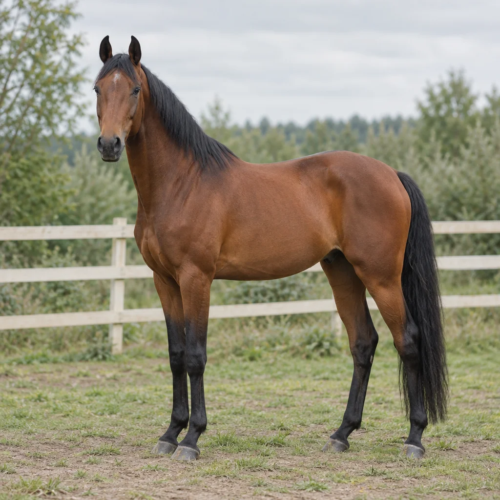 Un cavallo marrone con criniera, coda e parte inferiore delle zampe nere, ripreso a figura intera accanto a una recinzione in legno.