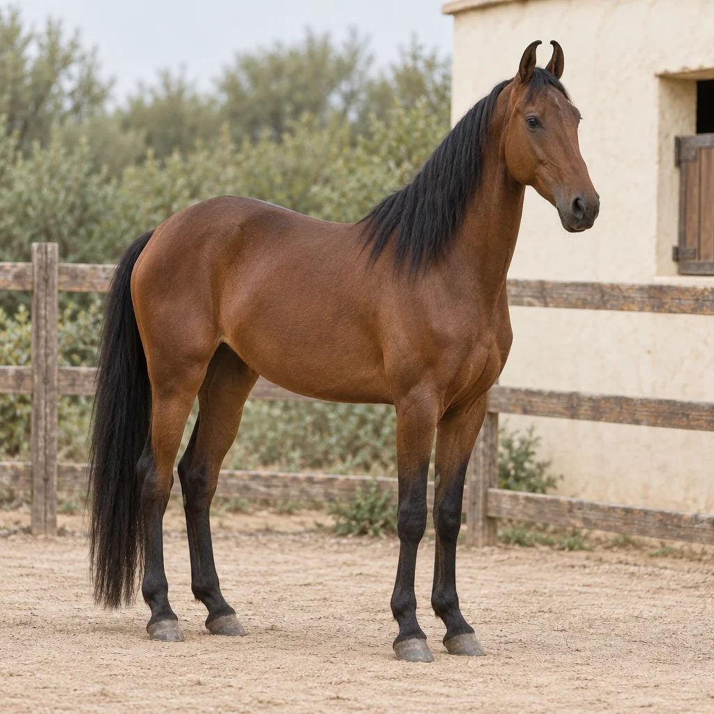 Cavallo marrone con criniera nera, orecchie piegate verso l'interno e quattro zoccoli visibili in un paddock recintato.