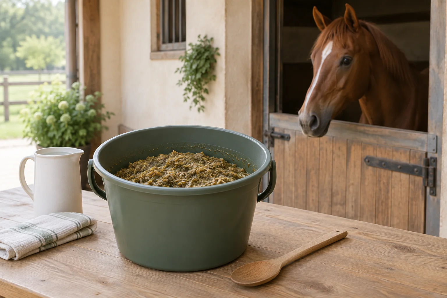 Secchio con pastone umido su un tavolo di legno, accanto a una brocca d'acqua, un panno e un cucchiaio di legno. Un cavallo sauro osserva dalla stalla.