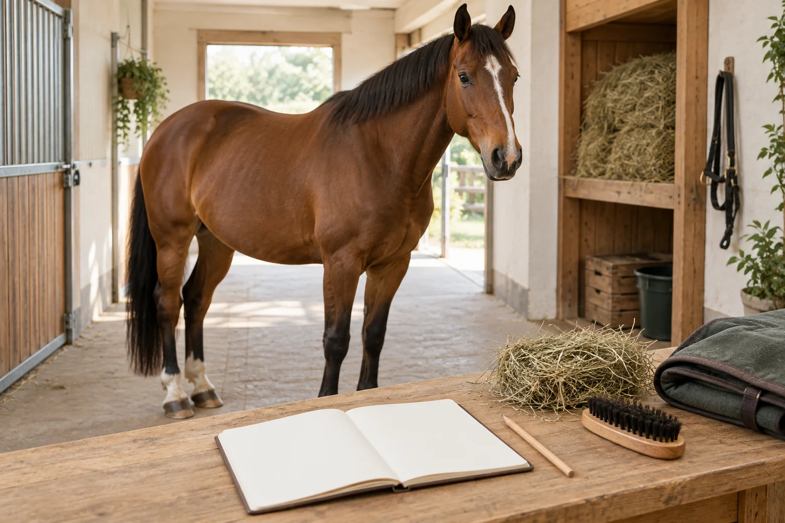 Cavallo marrone nel corridoio di una scuderia; su un tavolo di legno ci sono un quaderno vuoto, una matita, fieno, una spazzola e una coperta.