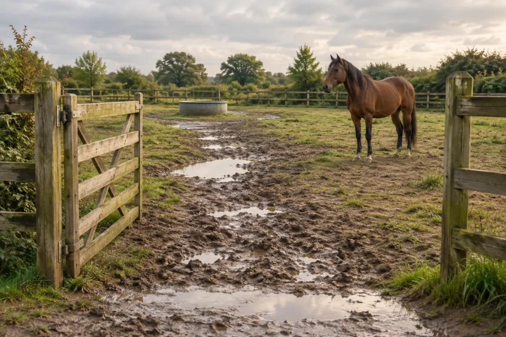 Un cavallo marrone si trova in un'area di sgambamento recintata, accanto a un percorso fangoso con pozzanghere presso il cancello aperto.