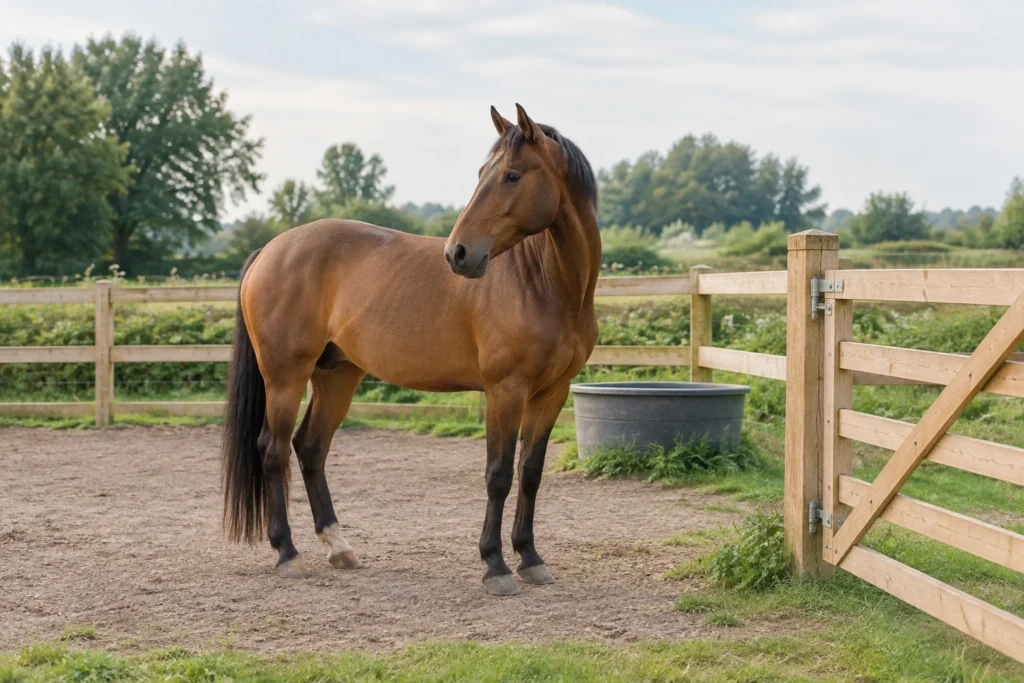Un cavallo marrone sta sul fondo asciutto di un paddock accanto a una staccionata di legno e a un abbeveratoio.
