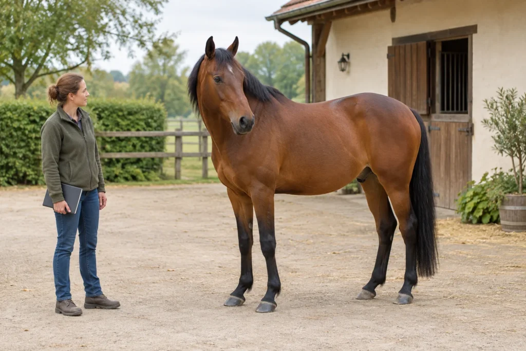 Un cavallo marrone si trova in un cortile vicino a una stalla. Una donna guarda il cavallo e tiene in mano un taccuino chiuso.