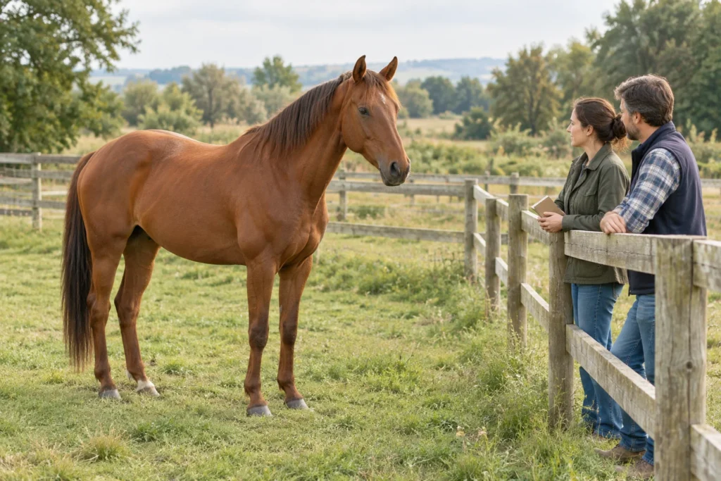 Un cavallo marrone si trova in un pascolo erboso vicino a una staccionata di legno. Due persone osservano il cavallo; una di loro tiene in mano un taccuino chiuso.