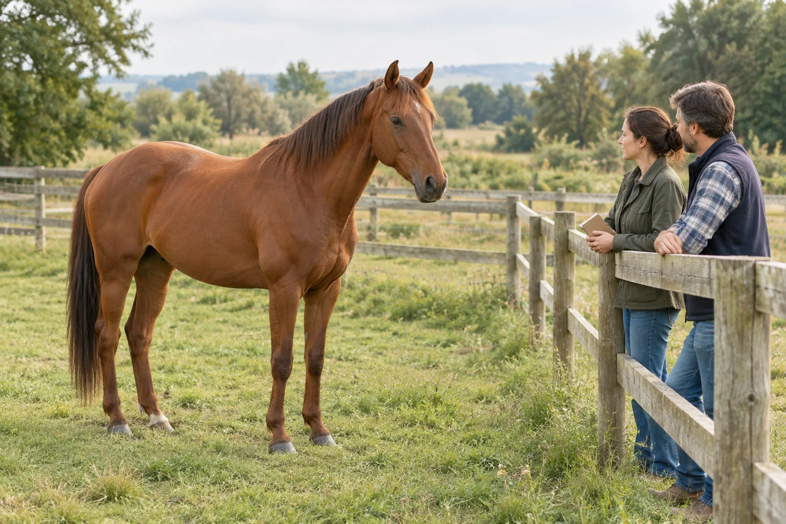 Un cavallo marrone si trova in un pascolo erboso vicino a una staccionata di legno. Due persone osservano il cavallo; una di loro tiene in mano un taccuino chiuso.