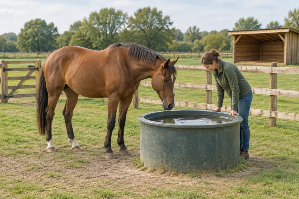 Una donna controlla l’acqua in un abbeveratoio accanto a un cavallo in un pascolo recintato. Sullo sfondo c’è una tettoia per cavalli.