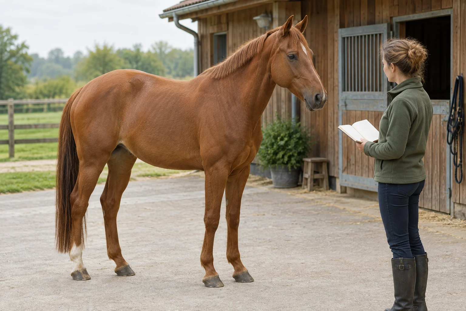 Un cavallo sauro si trova nel cortile accanto a una donna con un taccuino aperto.