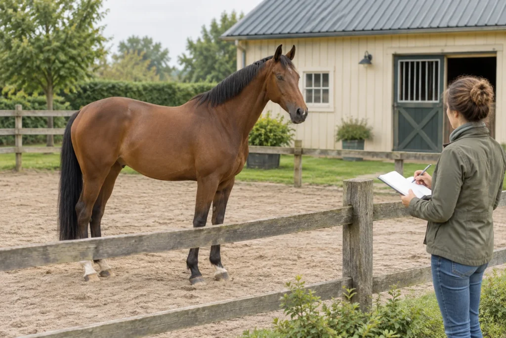 Un cavallo marrone si trova in un paddock mentre una persona, dall'altra parte della recinzione, scrive su un taccuino.