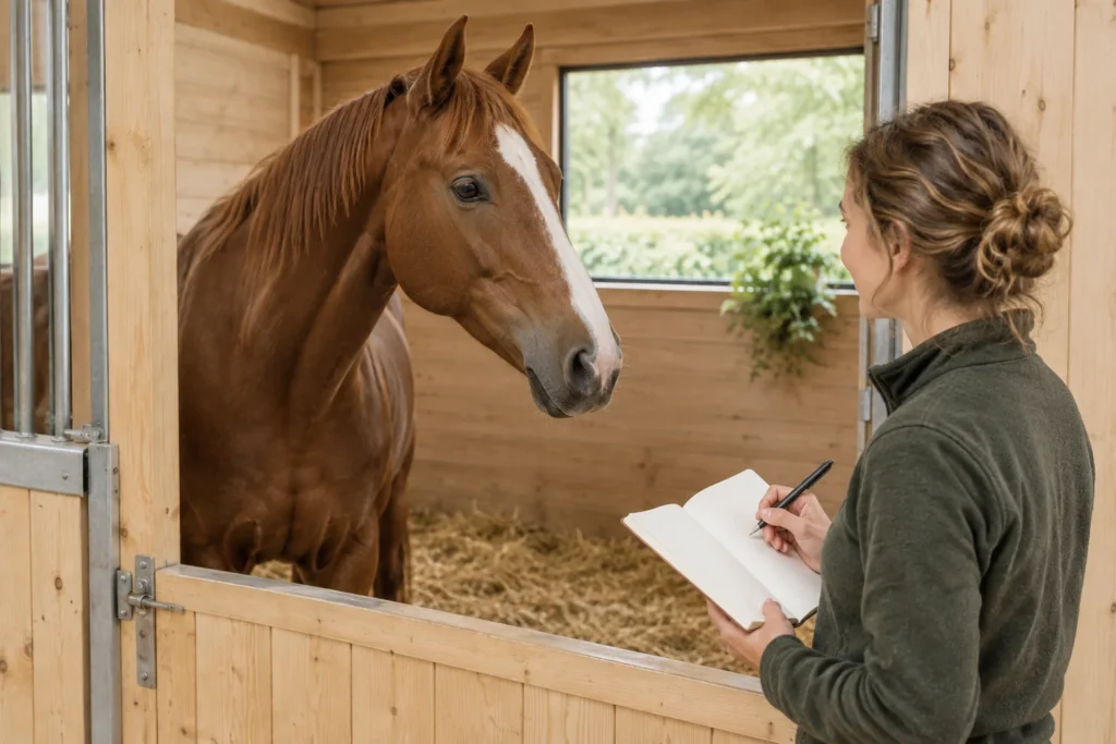 Una donna prende appunti su un quaderno accanto a un cavallo baio in una scuderia.