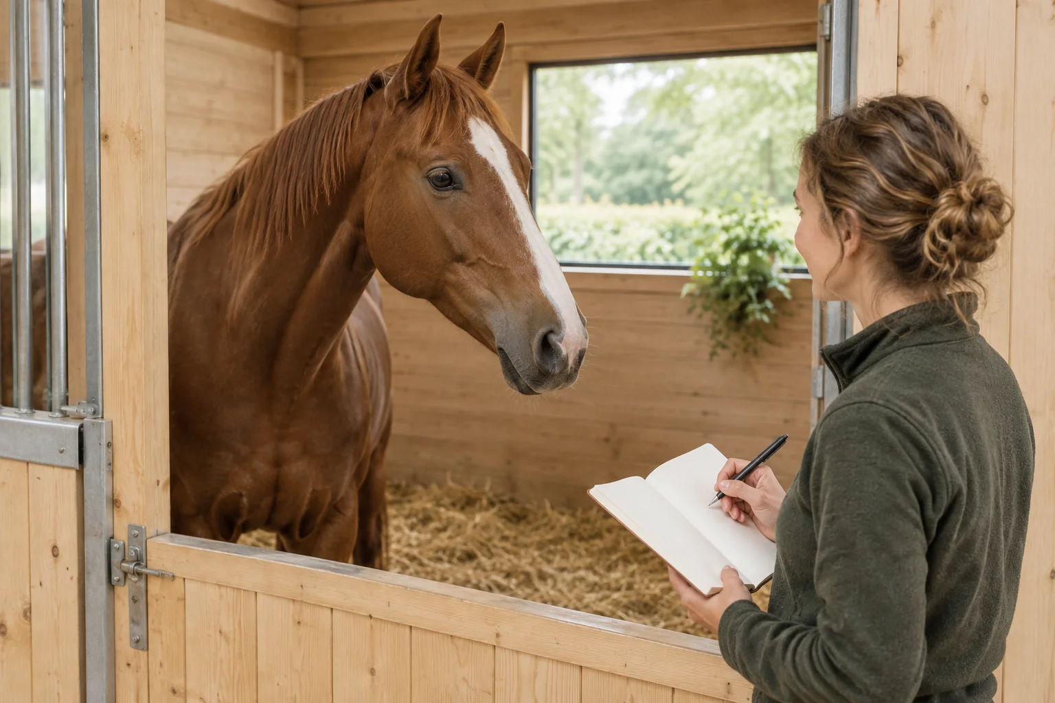 Una donna prende appunti su un quaderno accanto a un cavallo baio in una scuderia.