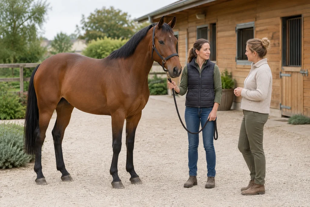 Un cavallo marrone con una capezza nera si trova in un cortile accanto a una stalla di legno. Una donna tiene la lunghina senza tenderla e parla con un'altra donna.
