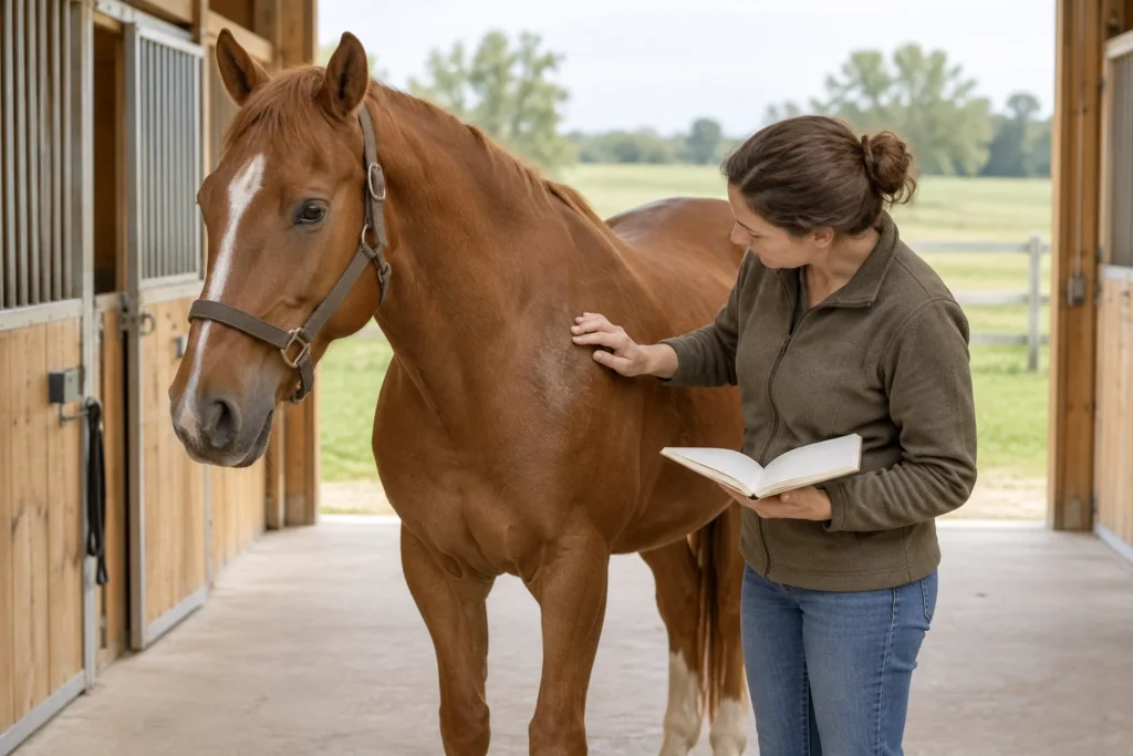 Una donna osserva la spalla di un cavallo sauro e tiene in mano un quaderno aperto nel corridoio di una scuderia.