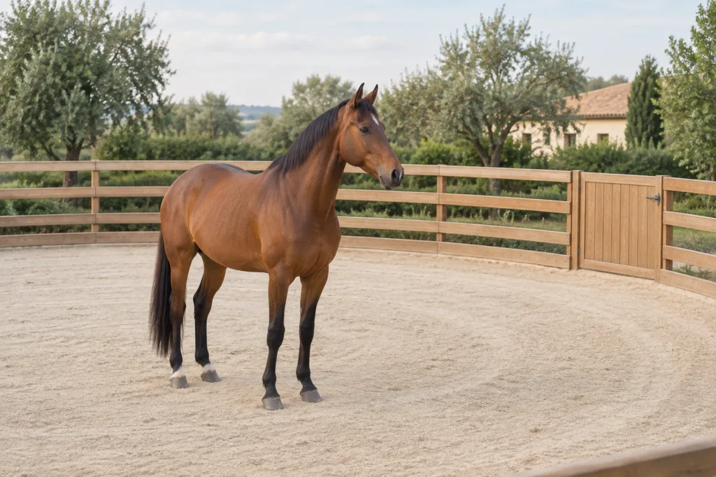 Un cavallo marrone sta sulla sabbia all’interno di un recinto rotondo in legno con il cancello chiuso.