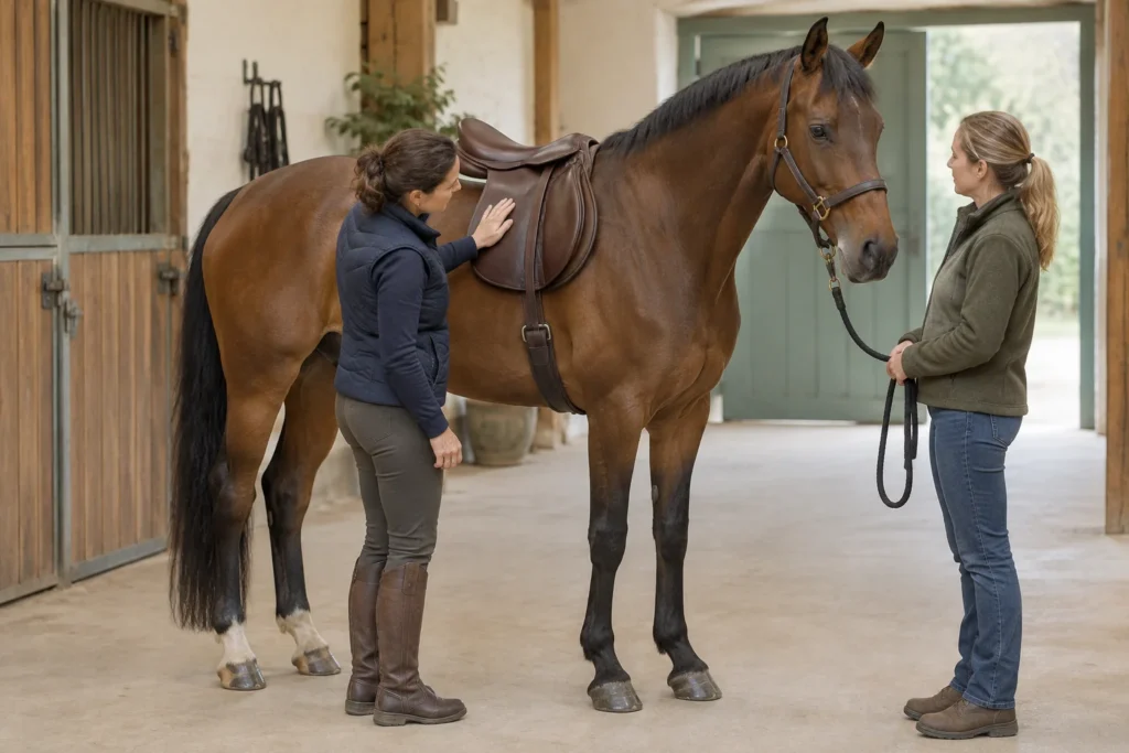 Una donna controlla la sella sulla schiena di un cavallo baio, mentre un'altra persona tiene il cavallo nel corridoio della scuderia.