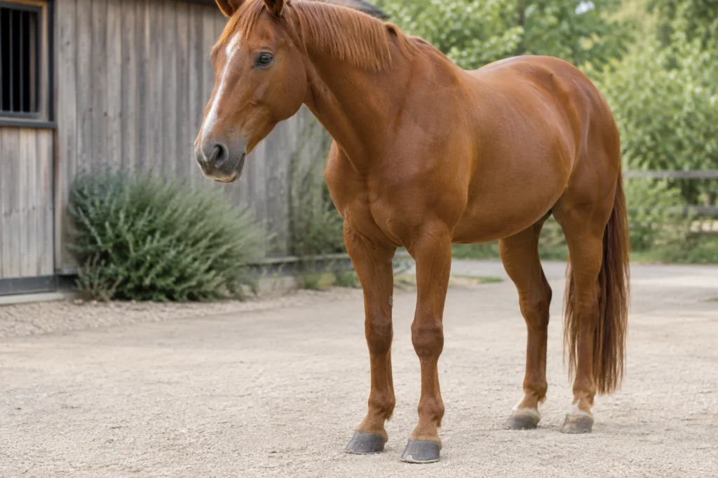 Un cavallo marrone si trova in un cortile accanto a una stalla in legno. Sotto uno zoccolo anteriore è visibile il bordo di un ferro di cavallo.