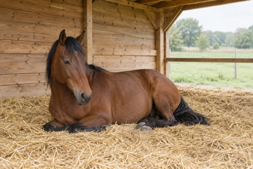 Cavallo marrone sdraiato sulla paglia con la testa sollevata in un riparo di legno, con un prato verde sullo sfondo.