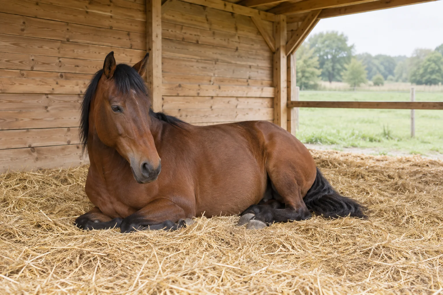 Cavallo marrone sdraiato sulla paglia con la testa sollevata in un riparo di legno, con un prato verde sullo sfondo.