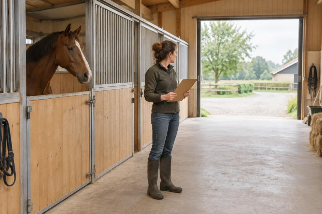 Una persona con un blocco per appunti è accanto a un cavallo in una scuderia e guarda fuori attraverso l'uscita aperta.